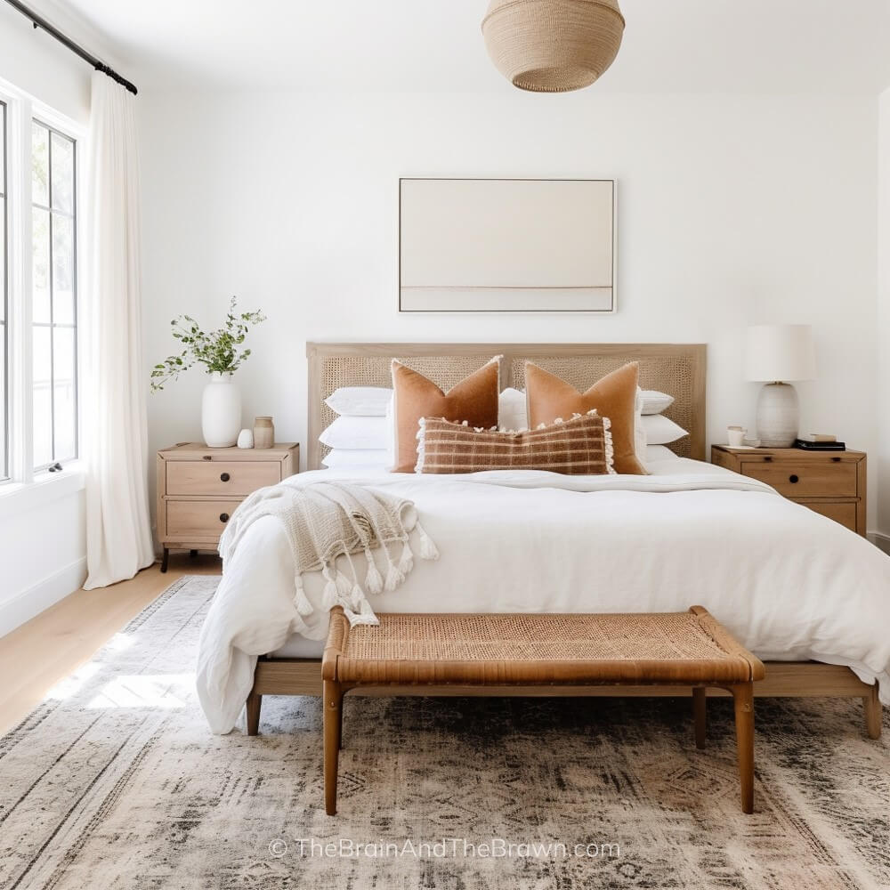 A vintage style 8x10 rug with a wooden and cane bedframe and neutral bedding. 