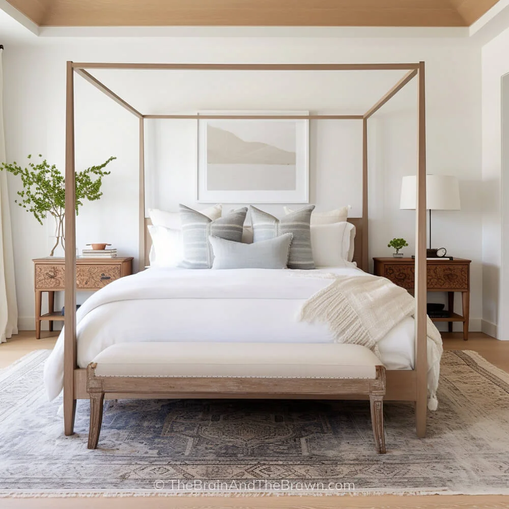 A serene bed with a wooden canopy bed and neutral bedding. Two matching wooden nightstands on each side of the bed and a vintage rug.