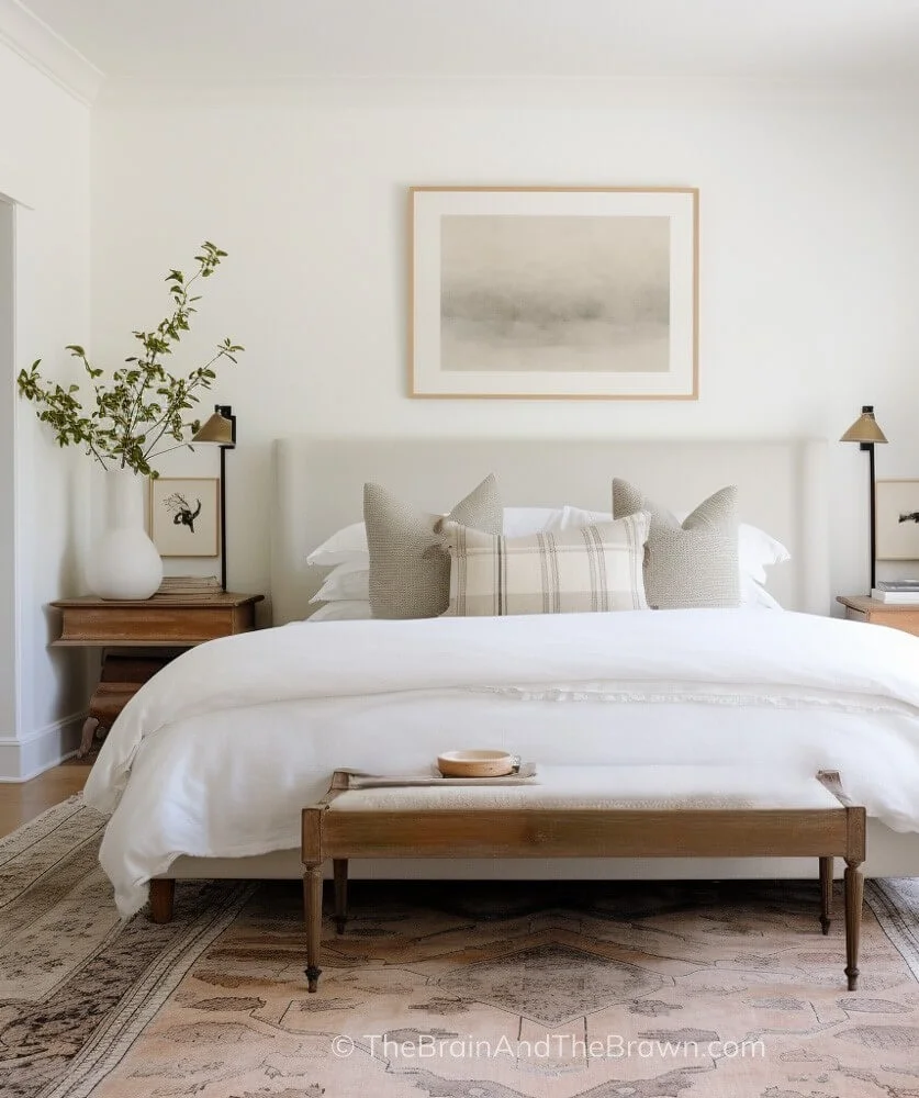 Colorful, vintage size rug under a queen upholstered bed with a wooden bench at the end of the bed and two matching wooden nightstands on each side of the bed.