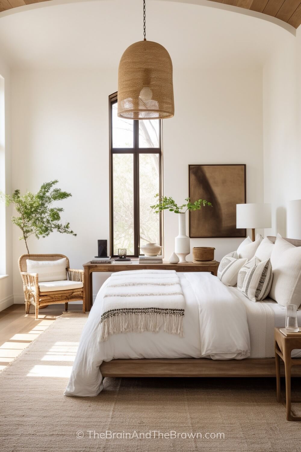 A wooden bedframe set on top of a large jute rug. A round woven pendant light hangs from the ceiling. 