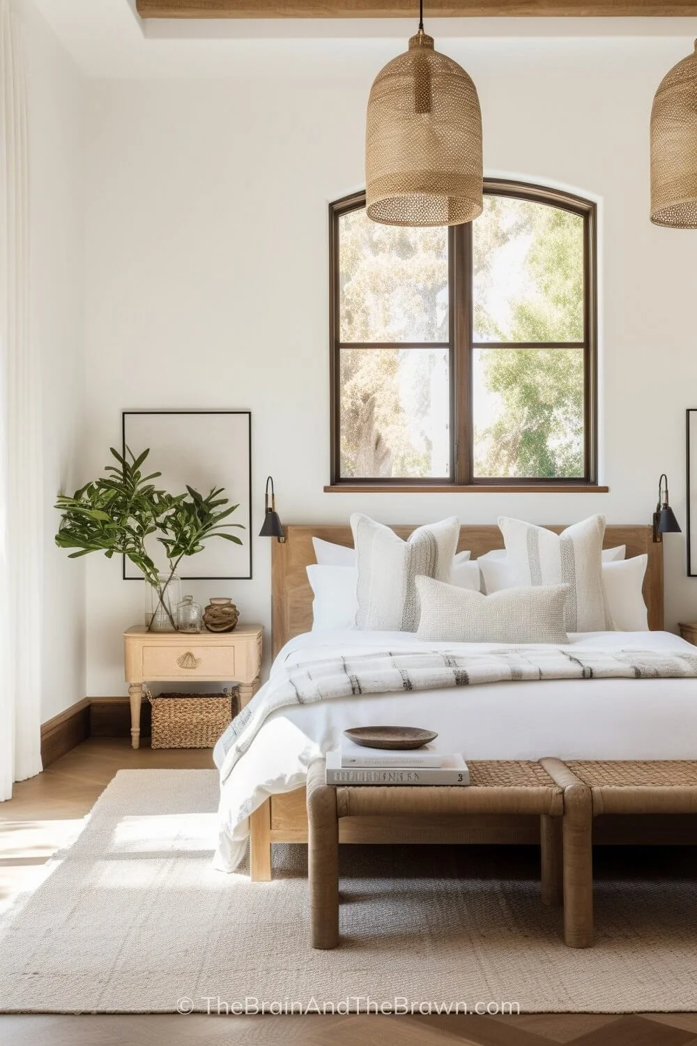 Neutral bedroom with wooden queen bedframe and 6x9 rug under queen bed