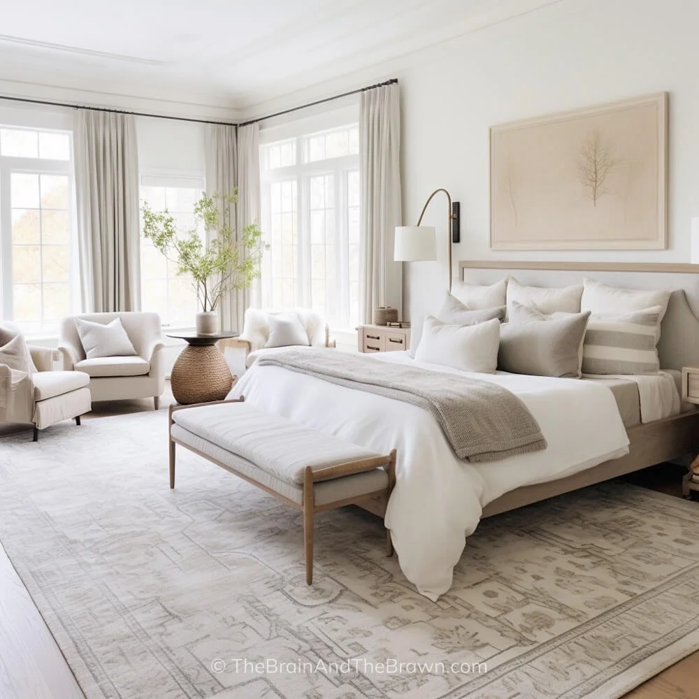 Bedroom with a large size rug, upholstered bedframe with a sitting area and bench at the end of the bed. Neutral bedding and white walls. 