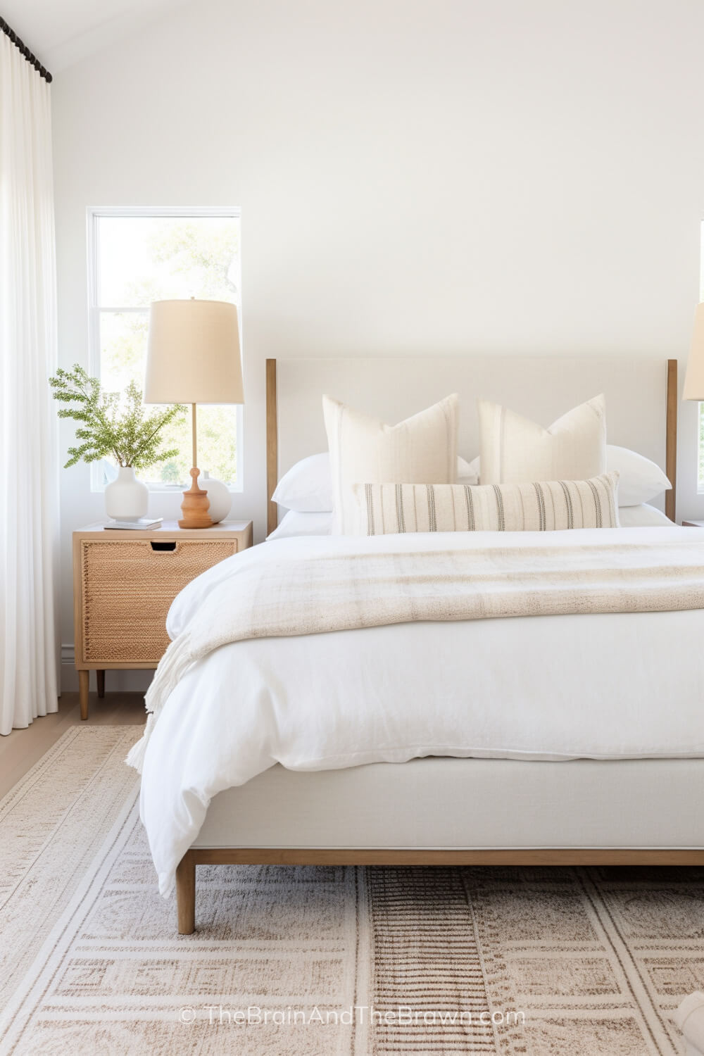 Textured rug under an upholstered and wood bedframe, neutral bedding and white walls