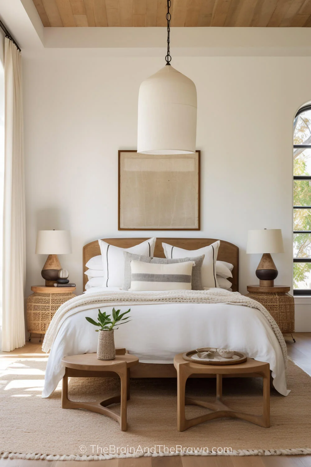 A wooden bed with neutral bedding and two small tables at the end of the bed. 