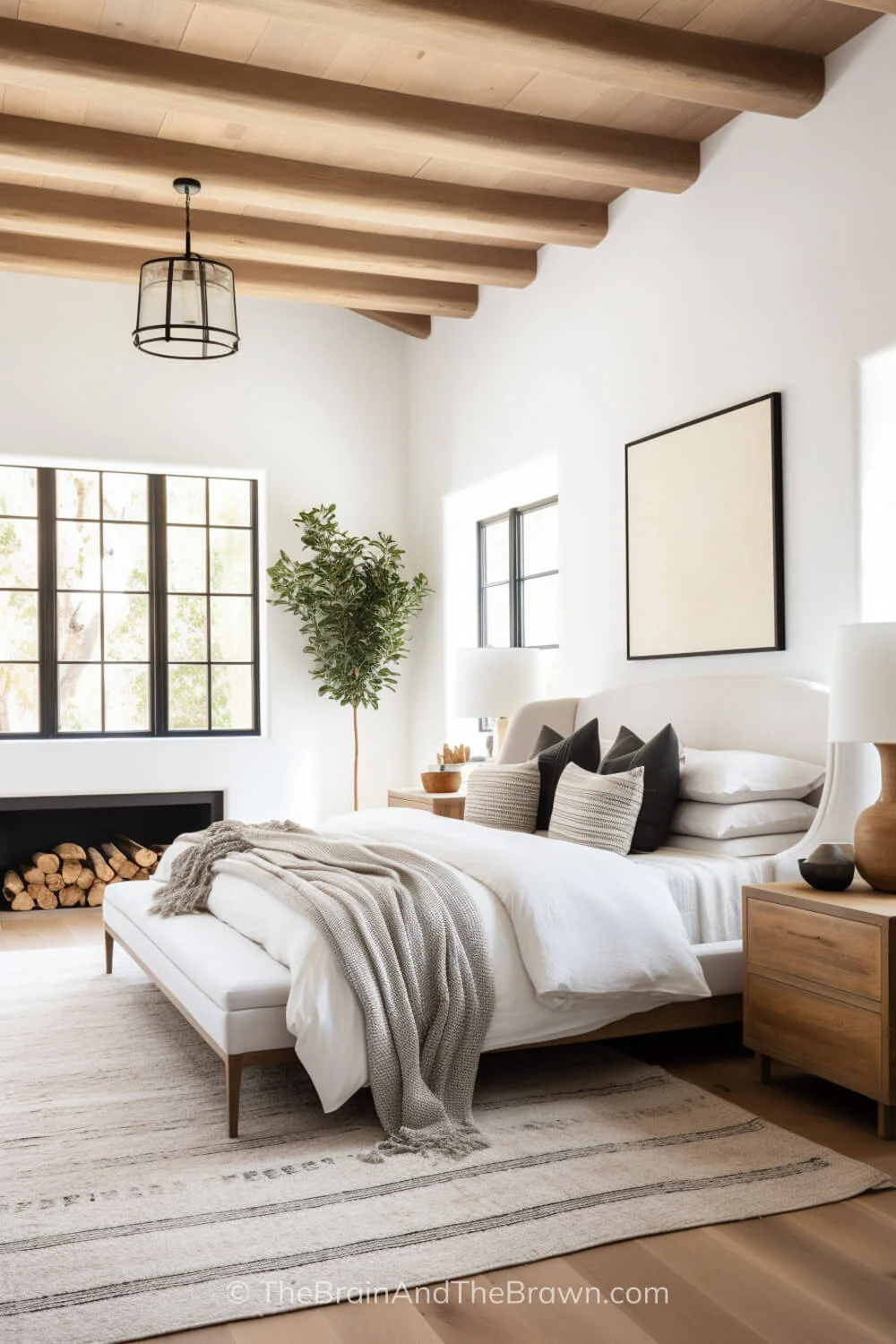 bedroom with upholstered queen bed and large area rug underneath, neutral colors and fireplace