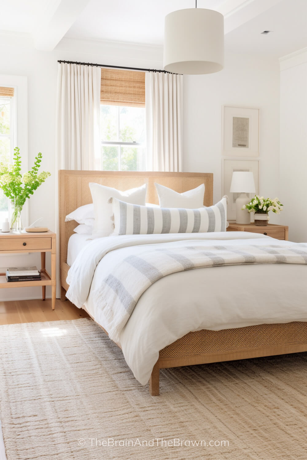 A cane bedframe with neutral bedding and a textured 6x9 rug under queen bed with matching wooden nightstands