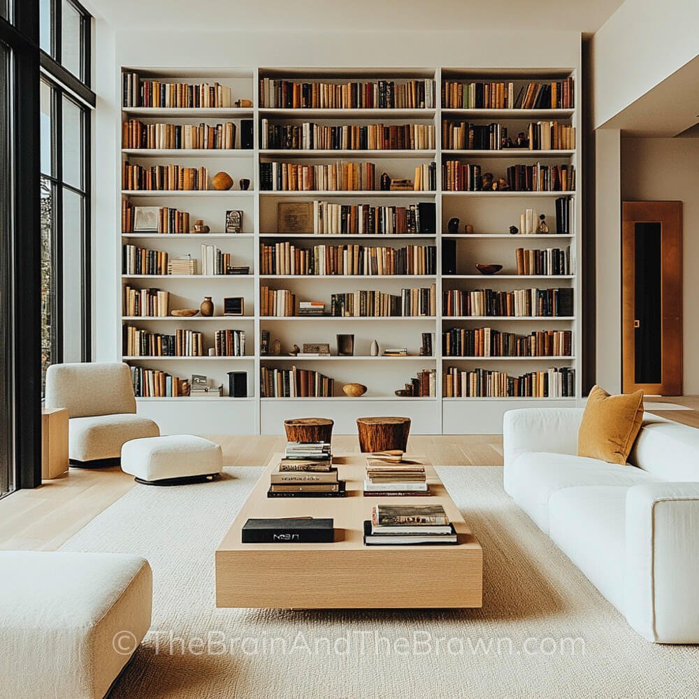 A large wall with white floor to ceiling bookshelf ideas