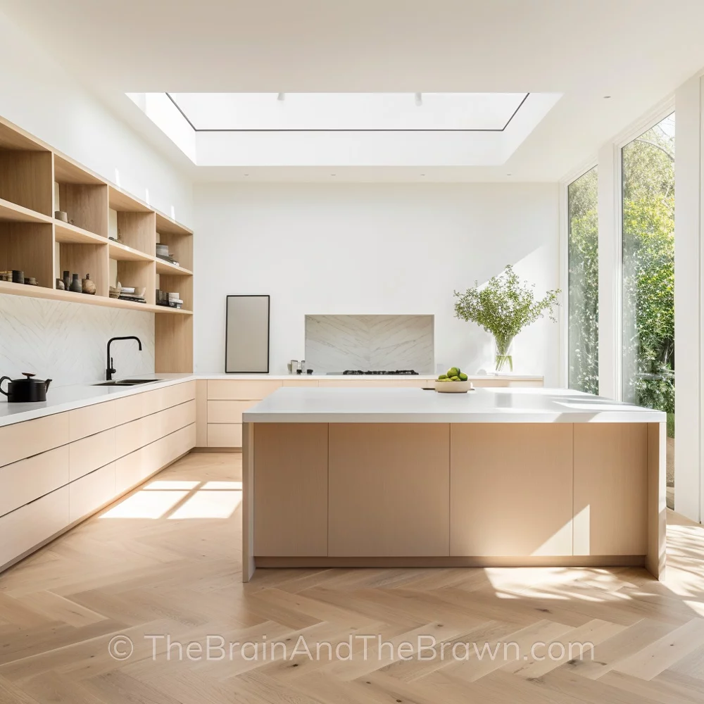 Modern kitchen with wood cabinets, white quartz backsplash and matching quartz countertops. 