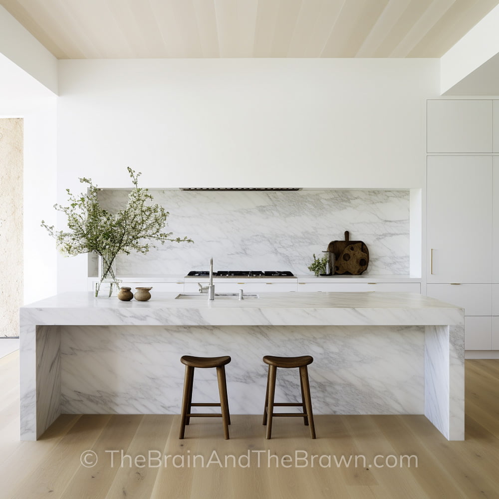 Kitchen with an all marble island and matching solid surface backsplash with white kitchen cabinets