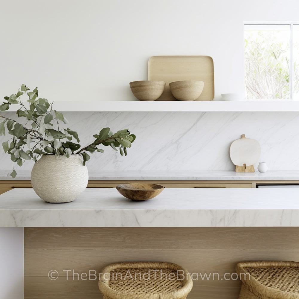 A kitchen with a solid surface European style kitchen backsplash shelves and wood kitchen cabinets