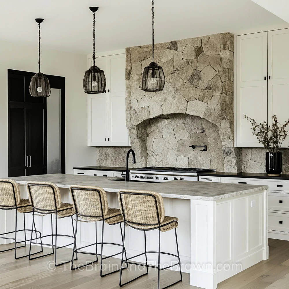 A stone range hood and backsplash idea with white kitchen cabinets, black hardware, hardwood floors, quartz countertops and woven stools