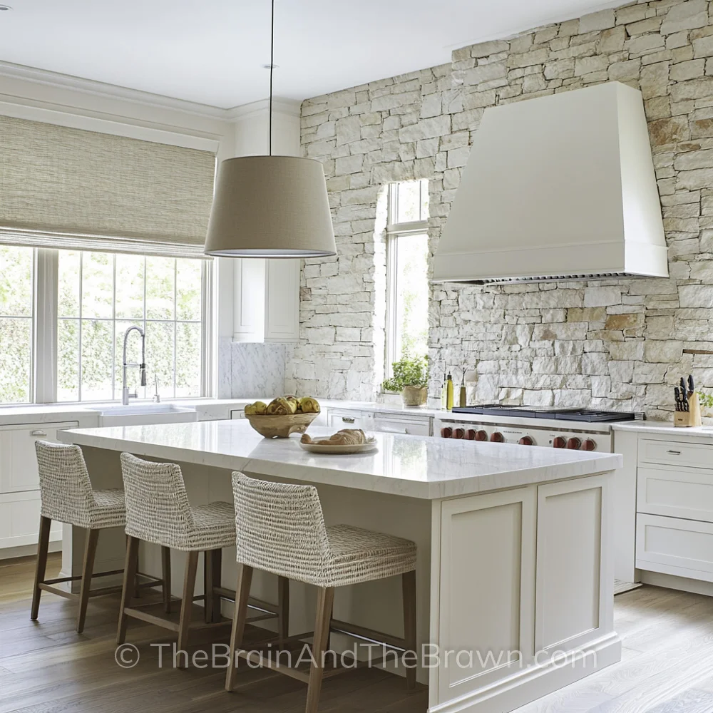 Stacked stone kitchen backsplash idea with white kitchen cabinets, plaster range hood and white quartz countertops