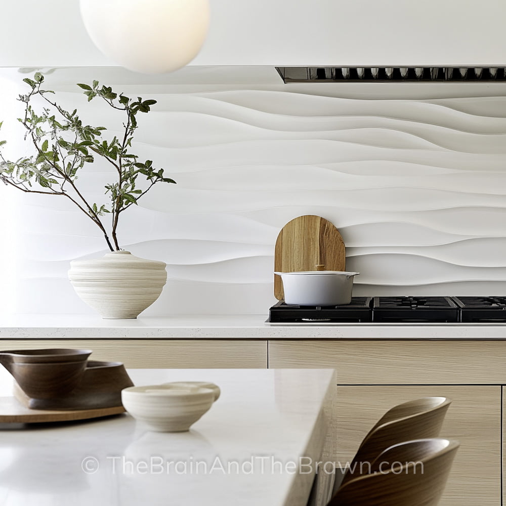 Modern white kitchen backsplash with texture, wood cabinets, and white countertops