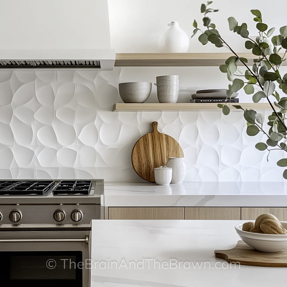 A wood cabinet kitchen with white quartz countertops, a textured white backsplash, and wood floating shelves