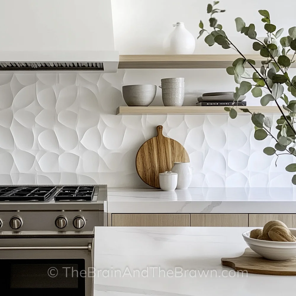 A wood cabinet kitchen with white quartz countertops, a textured white backsplash, and wood floating shelves