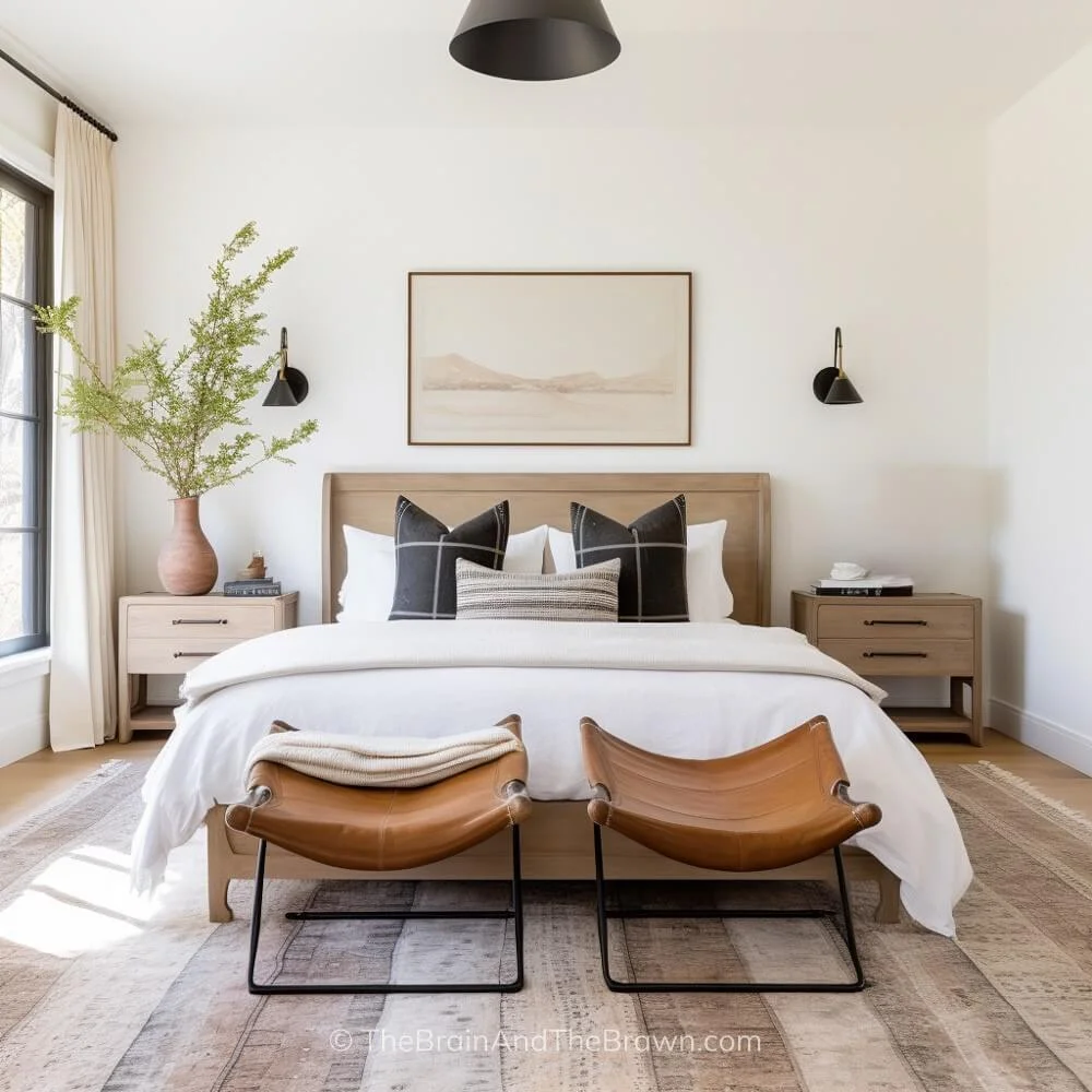 large area rug in bedroom under queen bed and leather ottomans at end, with black sconces and wood side tables, wood headboard