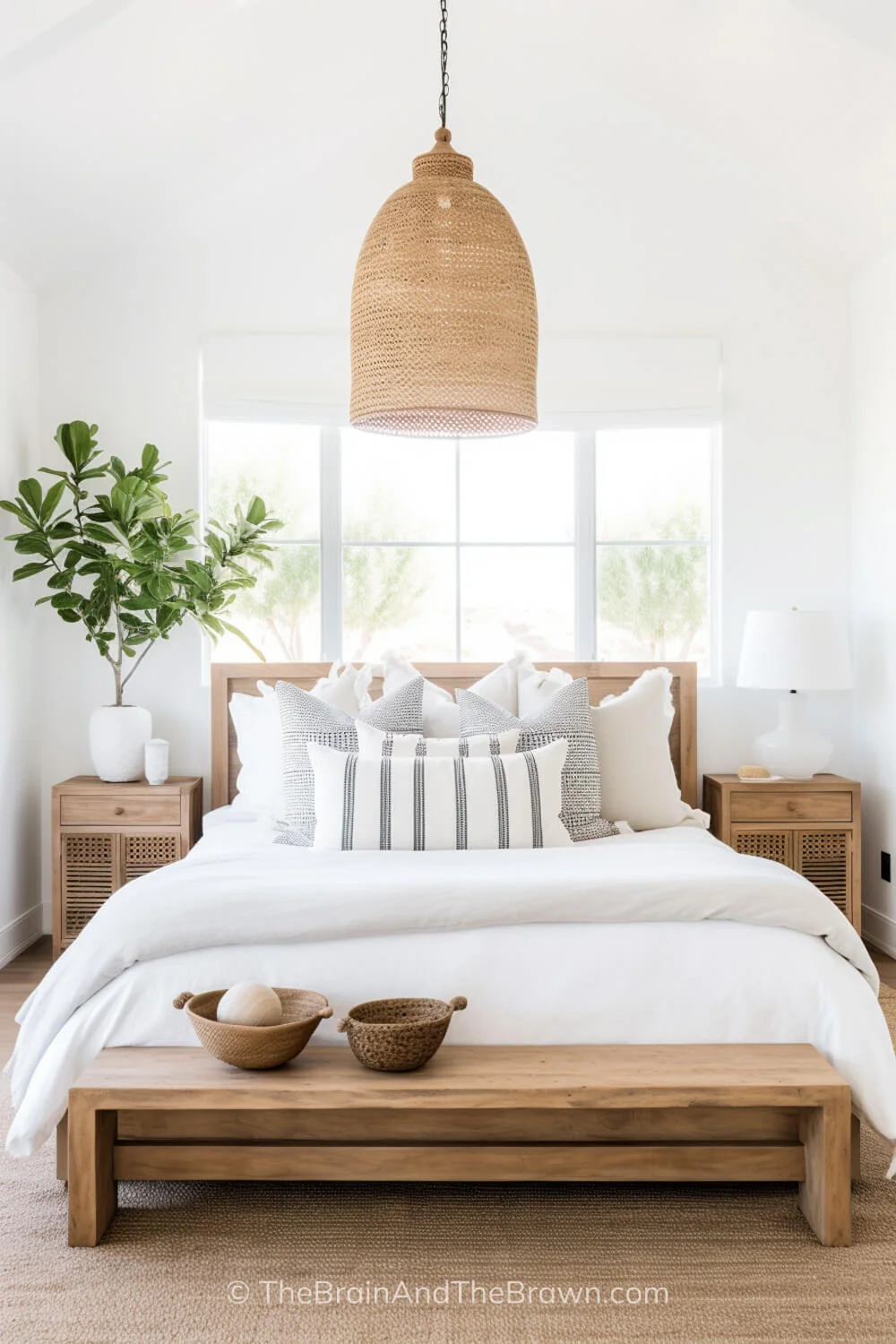 A bedroom with neutral bedding, a wooden bedframe and jute rug.