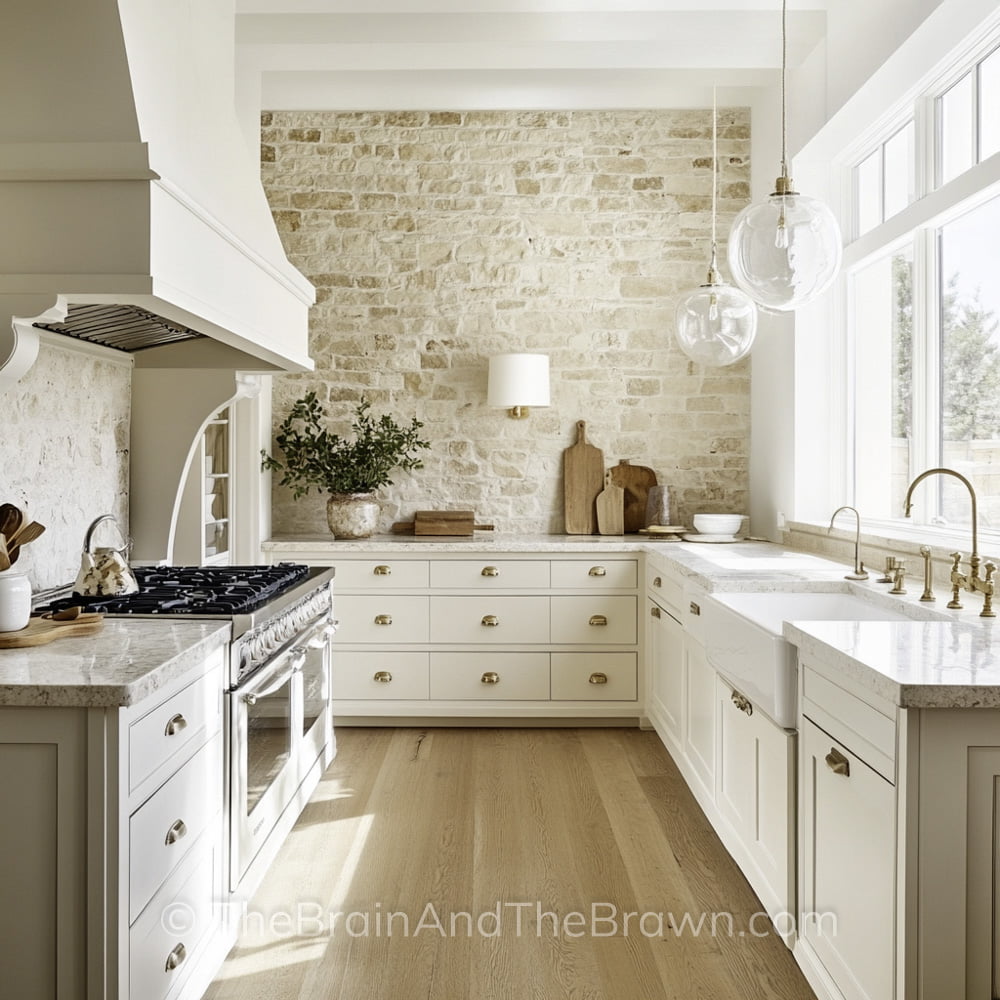 White kitchen with stone backsplash, hardwood floors and off-white countertops.