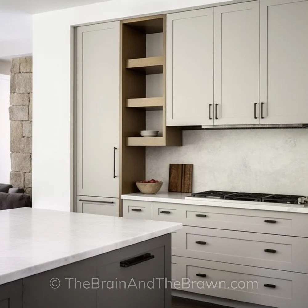 Grey kitchen cabinets with black hardware, solid quartzite backsplash and matching countertop