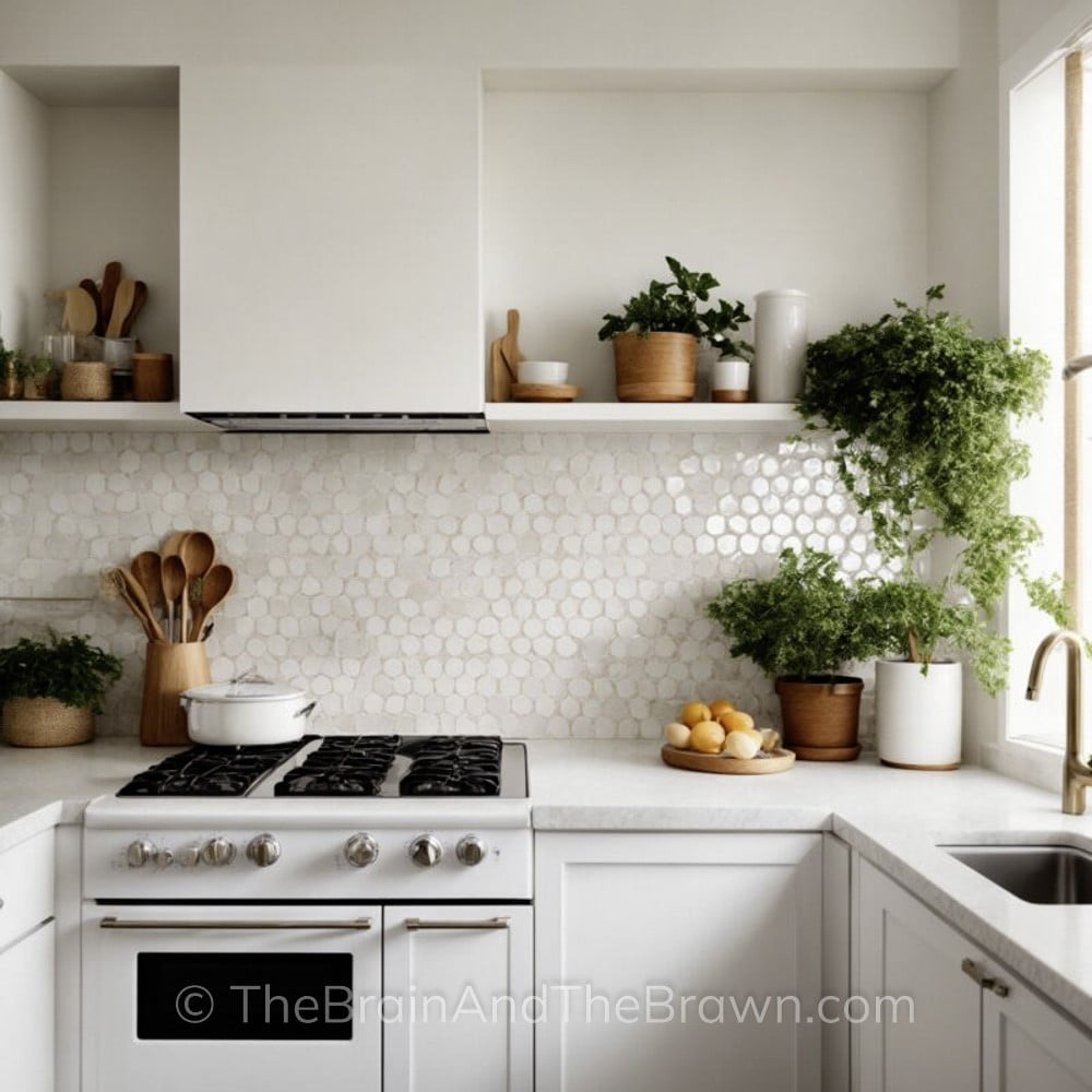 Penny tile backsplash with white kitchen cabinets, white stove top and white countertops