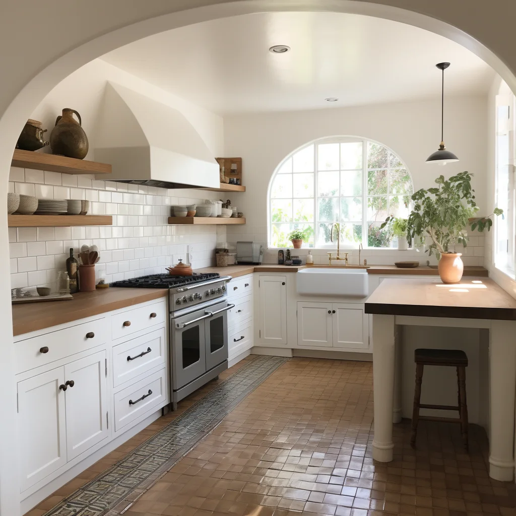 Farmhouse kitchen backsplash with white cabinets, butcher block countertops, arched window, white farmhouse sink and wood floating shelves