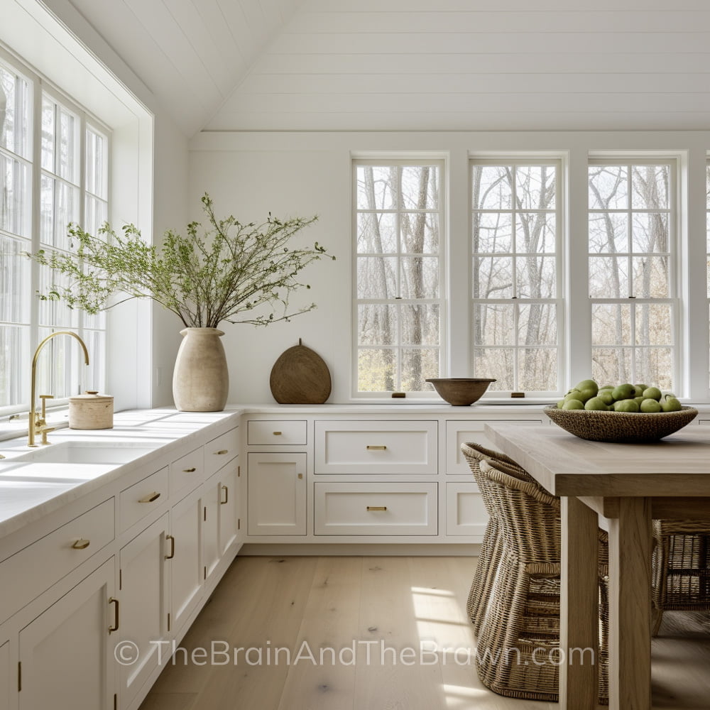 White kitchen with no backsplash, large white windows, white countertops and hardwood floors