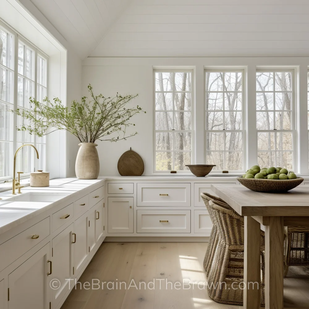 White kitchen with no backsplash, large white windows, white countertops and hardwood floors