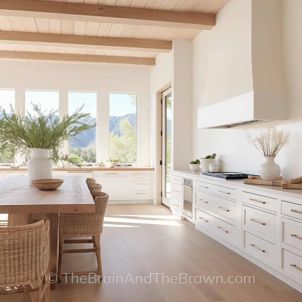 A kitchen with solid surface backsplash, white kitchen cabinets, large windows and a plaster range hood