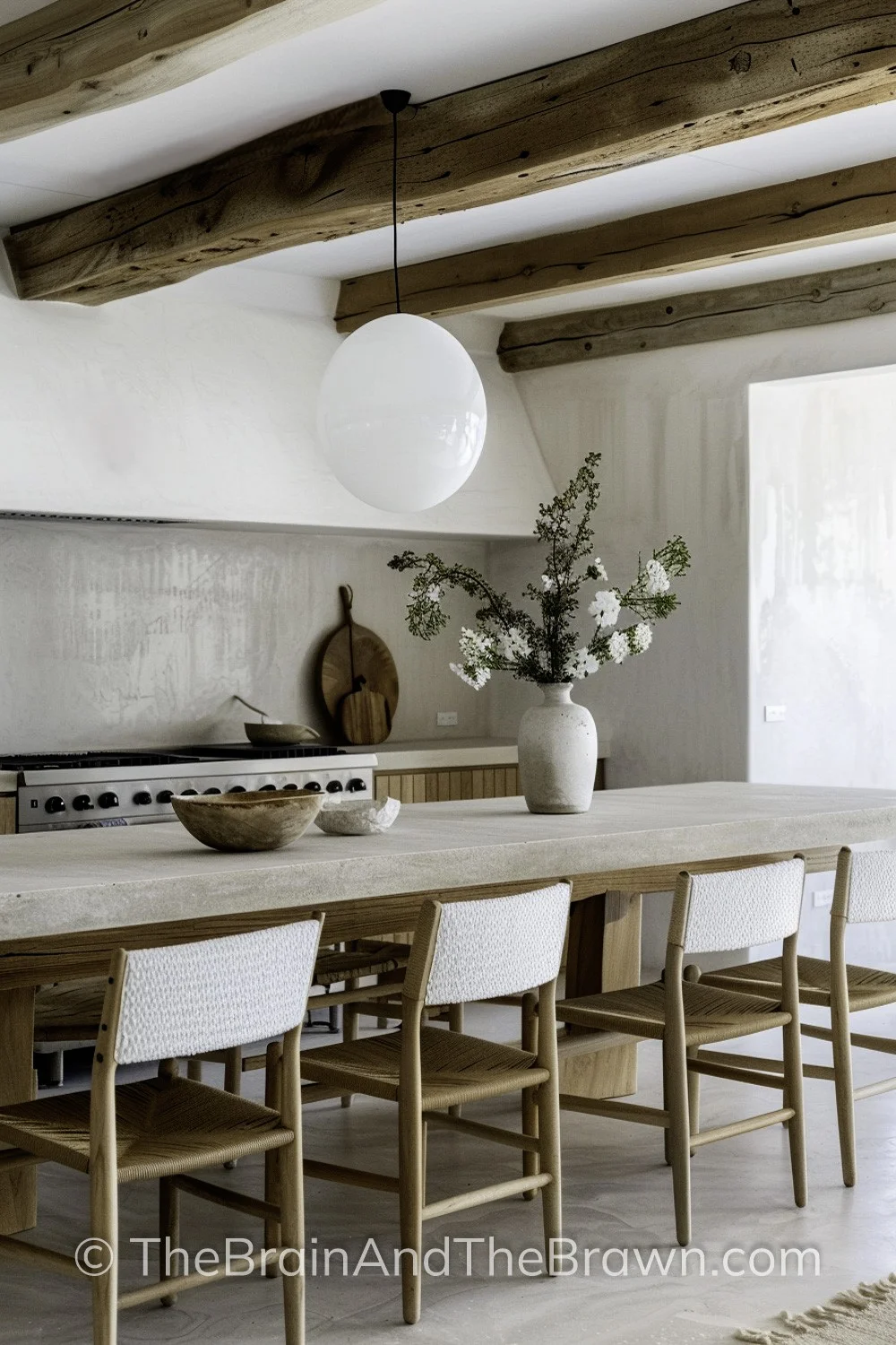 Kitchen with a timeless stone slab backsplash, wood cabinets and plaster range hood.