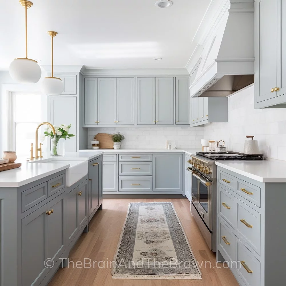 A kitchen with light blue cabinets, white backsplash, brass hardware, hardwood floors, and white quartz countertops