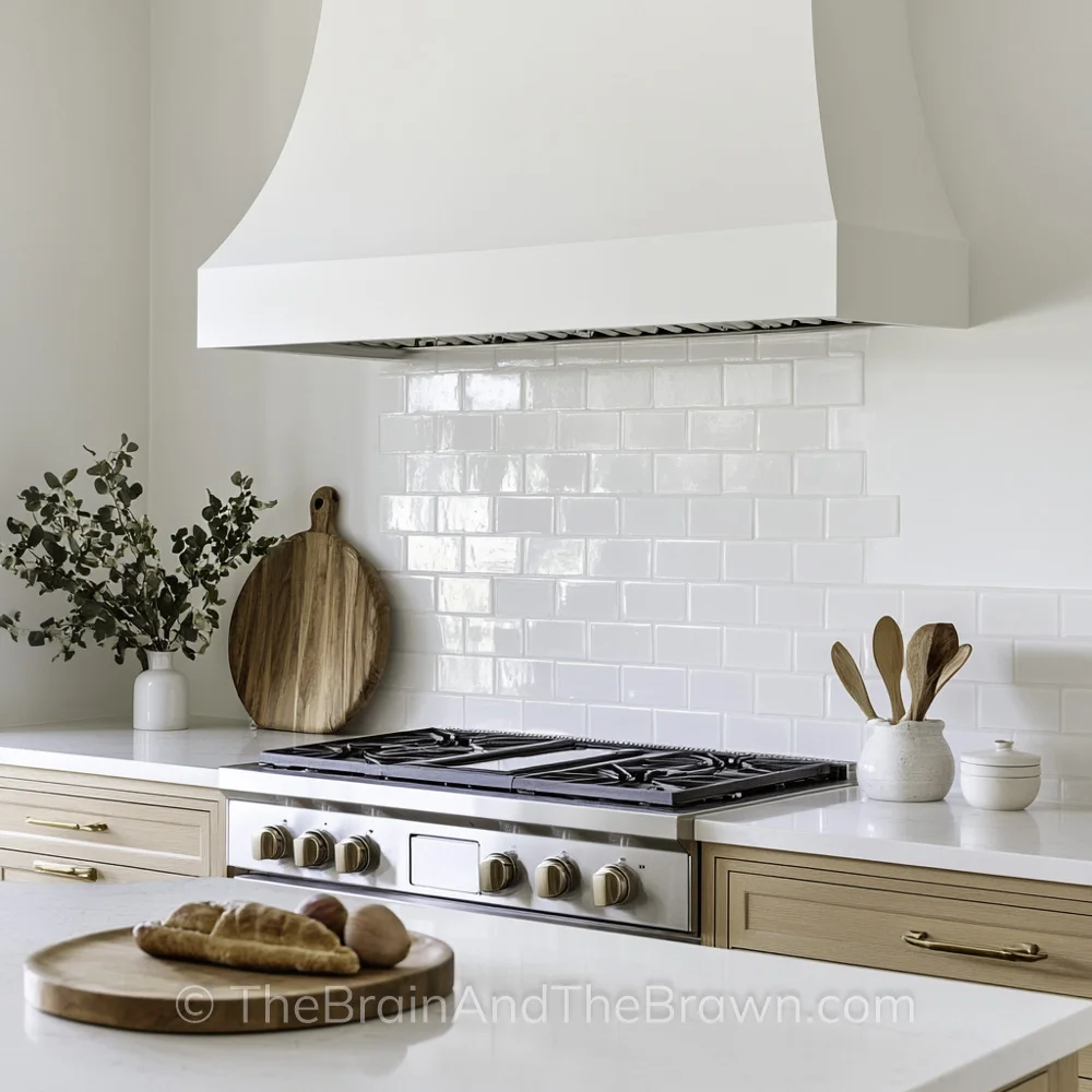 A kitchen with a plaster range hood, white subway tile backsplash, white countertops, and wood cabinets