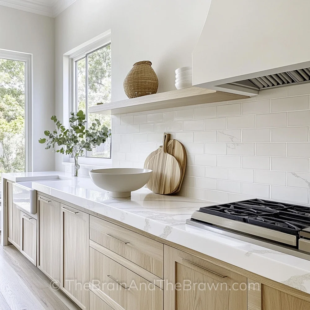 A timeless kitchen idea with wood cabinets, white quartz countertops, and white subway tile