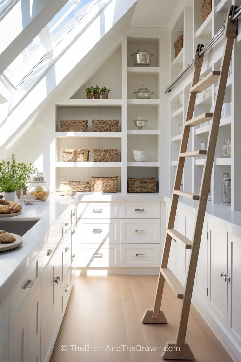 A small butlers pantry with white kitchen cabinets, white quartz countertops, vertical shiplap backsplash, white upper shelving and a wood ladder