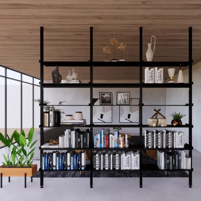 Modern minimalist bookshelves to ceiling act as a room divider in this large room