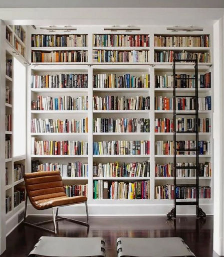 A library with white floor to ceiling built in bookshelves and a metal library ladder