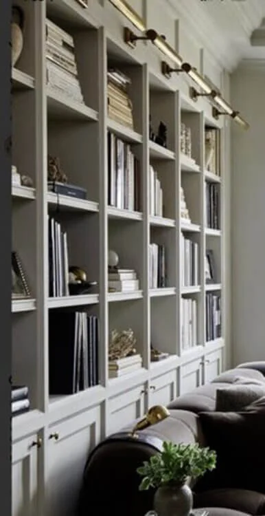 Built in square bookshelves with library lights above the shelves