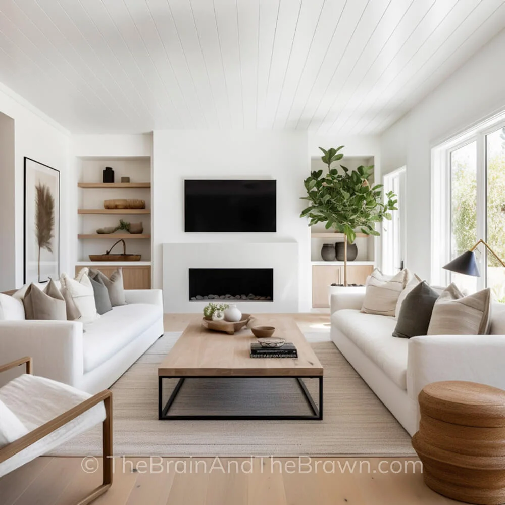 Living room with two white sofas facing each other and a rectangular coffee table in between. A TV is above a fireplace and built-in shelves are on each side of the fireplace.