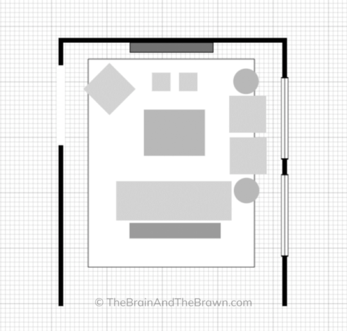 Floor plan of the awkward living room layout with another furniture placement option with more seating