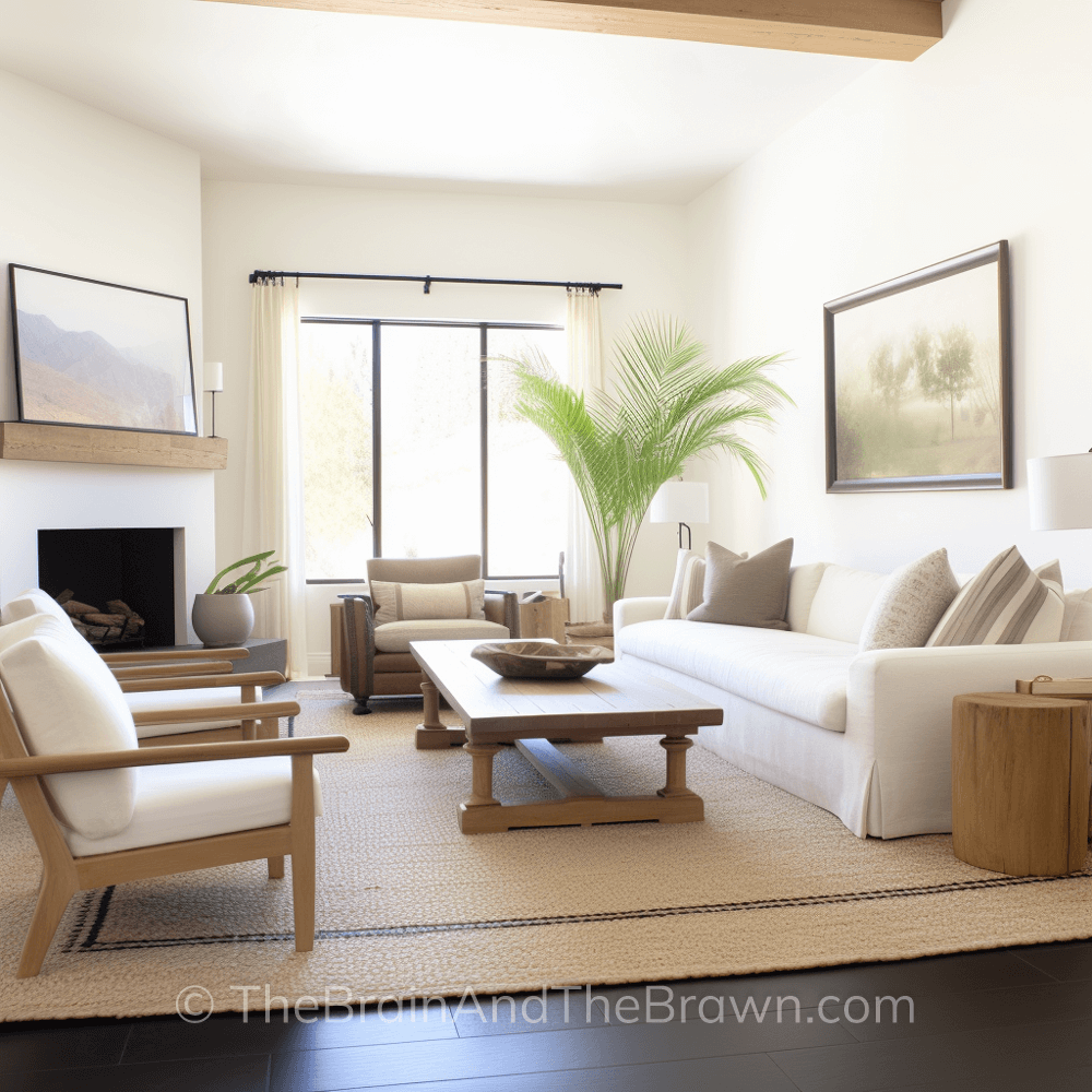 A living room layout with corner fireplace idea with a white sofa is on one wall with two chairs facing it and another chair to the right of the sofa.