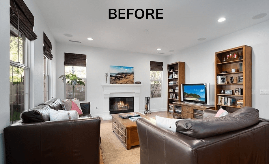 A before photo of a clients living room with fireplace. All of the furniture is pushed up against the walls without a clear walkway of where to walk.