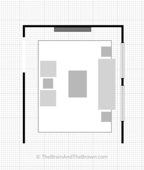 Floor plan of the awkward living room above with an improved furniture layout