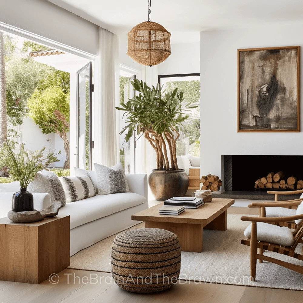 An awkward living room layout with a couch floating in front of a large set of doors. Two matching chairs face the couch and a fireplace is on the side wall.