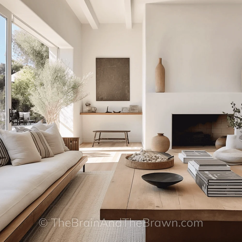 A large plaster fireplace is the focal point of this living room with a couch and large coffee table in front of it. 