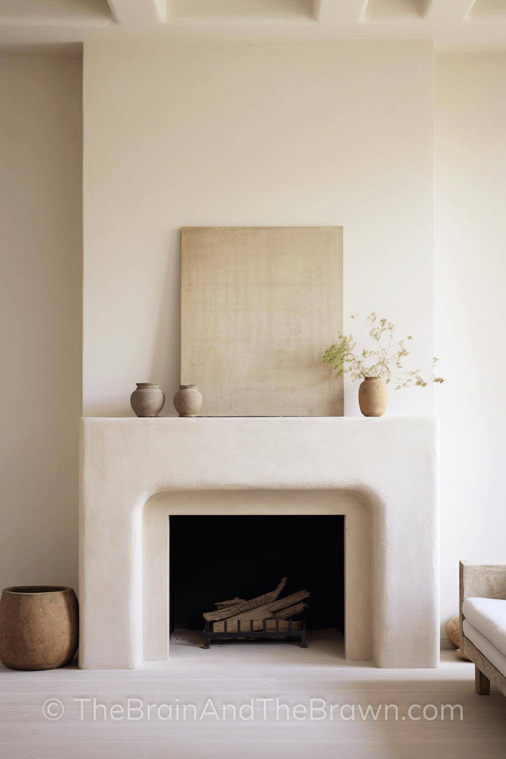 Beautiful plaster fireplace with artwork and pottery setting on the mantel