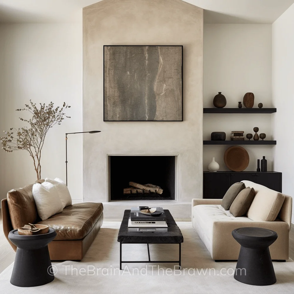 A plaster fireplace with built in cabinet and shelves on the right hand side of the fireplace. A leather couch faces a tan couch in front of the fireplace. 