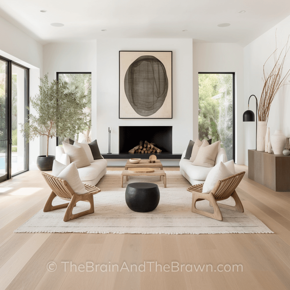 A living room with a large fireplace as the focal point of the room. Two matching couches and chairs face each other in front of the fireplace