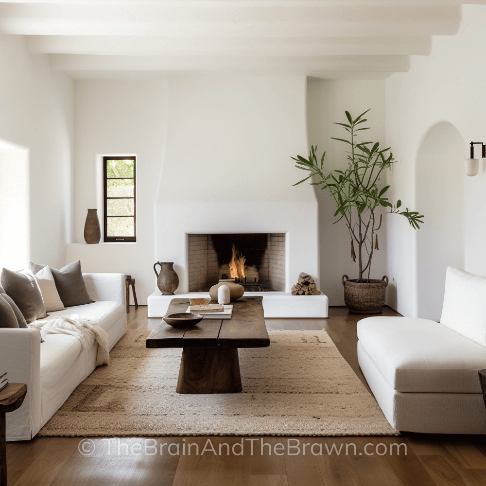 A living room with a plaster fireplace as the focal point and a white sofa with rectangular wooden coffee table