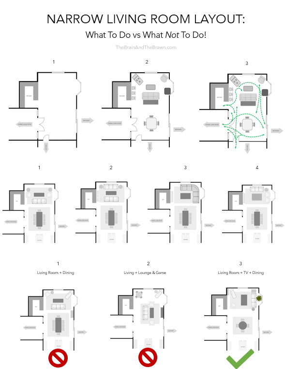 narrow living room layout drawings showing different layout floor plans for living and family rooms