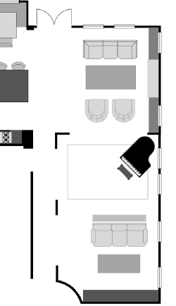 A floorplan of a client living room creating zones with the furniture 