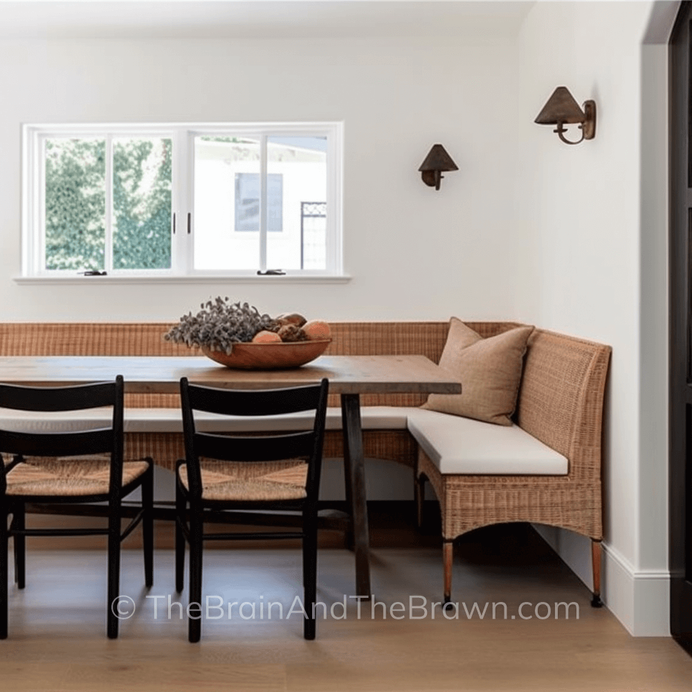 Dining room with a wooden table and an l-shaped wicker bench on one side and two wooden chairs on the other side of the table